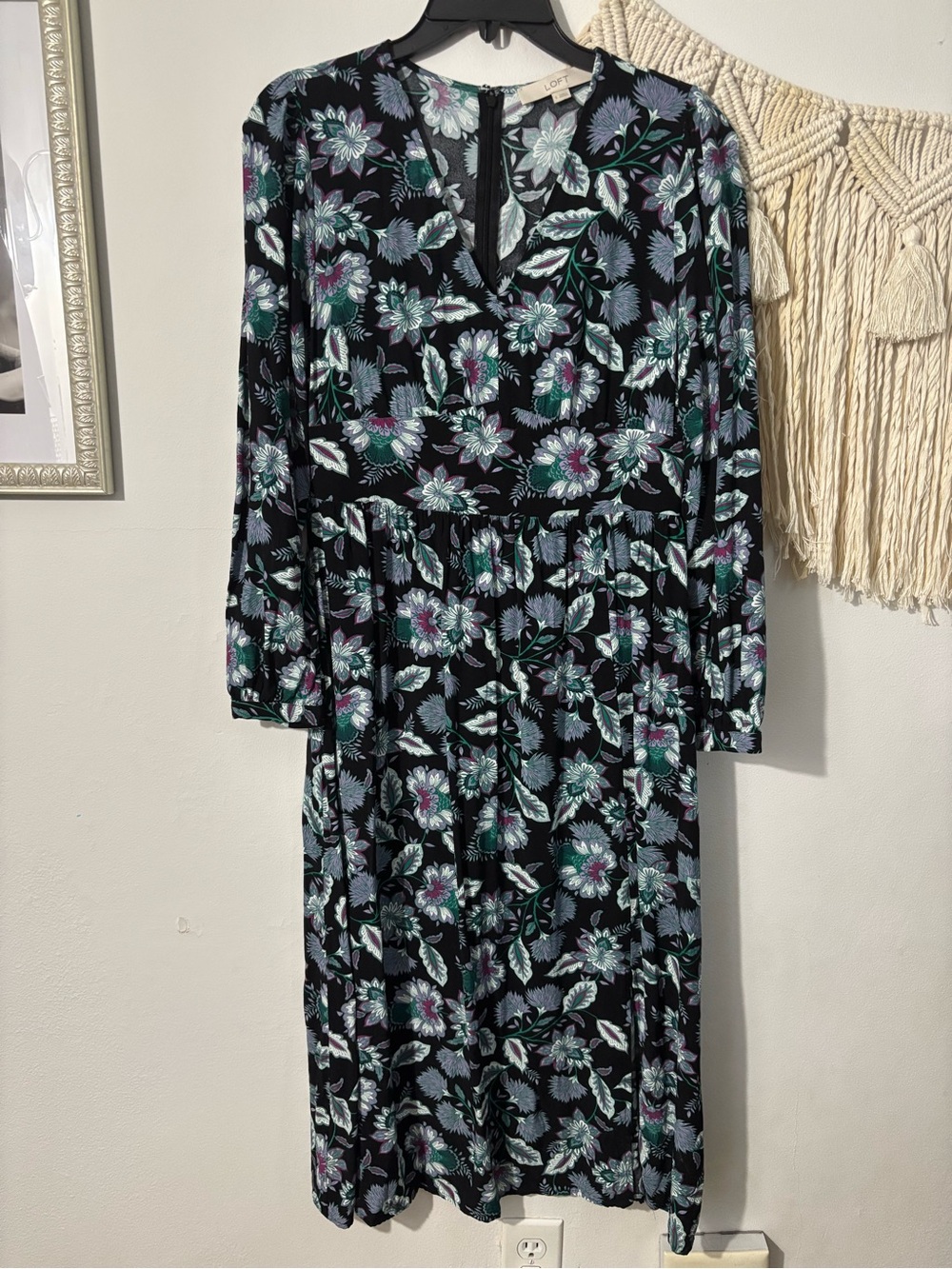 LOFT Black Floral Long-Sleeve Midi Dress with Teal & Purple Accents